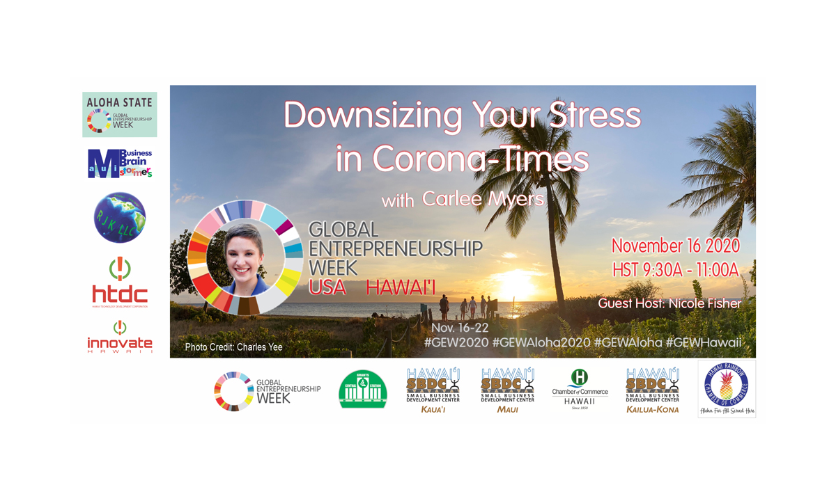 "Downsizing Your Stress in Corona-Times" with guest presenter Carlee Myers and guest host Nicole Fisher; an event part of the 2020 GEW Aloha - Global Entrepreneurship Week in the State of Hawai'i, USA.