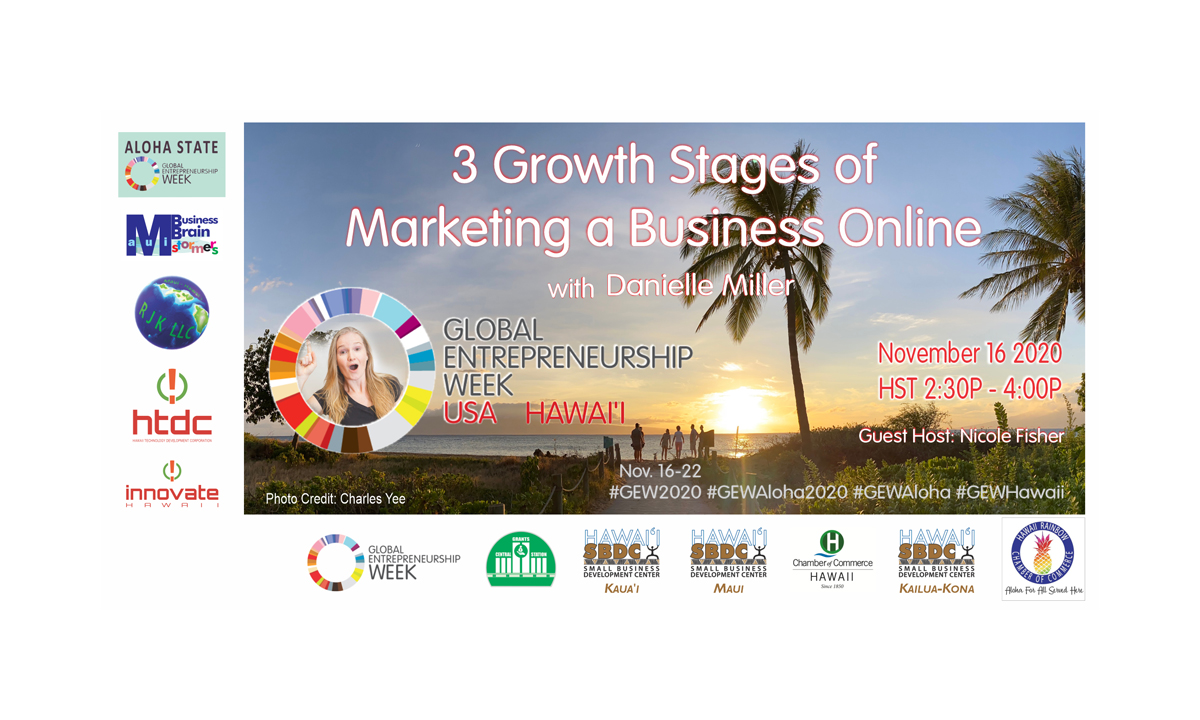 "3 Growth Stages of Marketing a Business Online" with guest presenter Danielle Miller and guest host Nicole Fisher; an event part of the 2020 GEW Aloha - Global Entrepreneurship Week in the State of Hawai'i, USA.