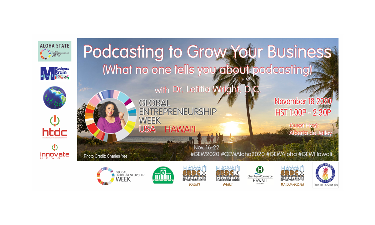 "GEW Aloha State" invites you to attend "Podcasting To Grow Your Business" with guest presenter Dr. Letitia Wright; an event part of the 2020 GEW Aloha - Global Entrepreneurship Week in the State of Hawai'i, USA.