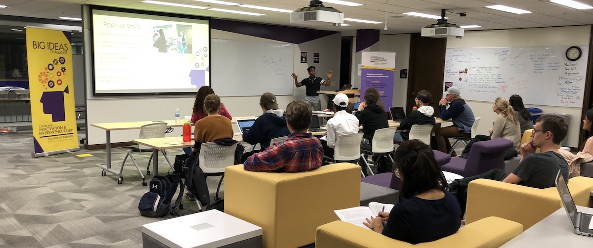 Big Ideas Challenge Kick off 2019 showing student leading a discussion of the event