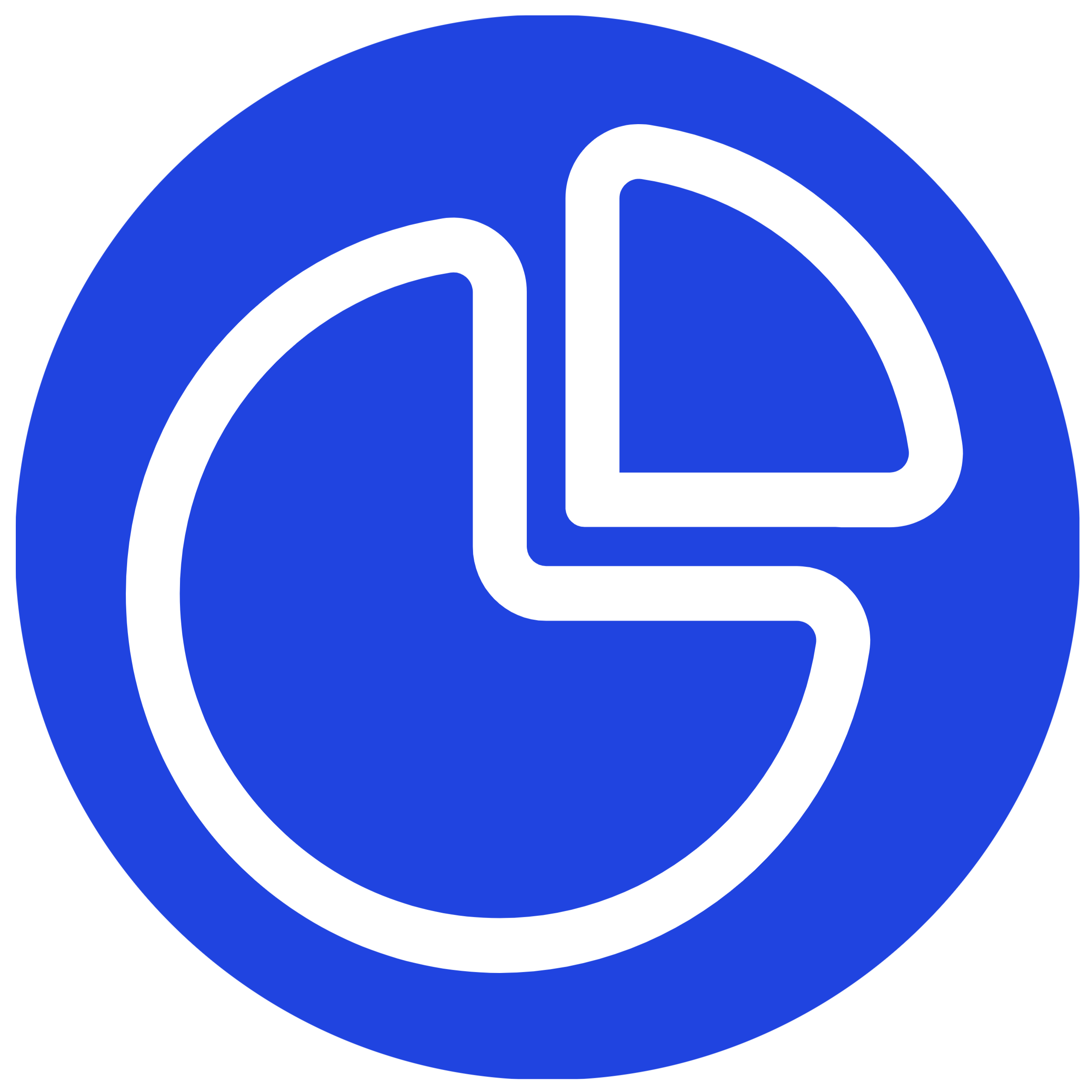 Circle with blue fill and the white outline of a pie chart slightly exploded into two parts.