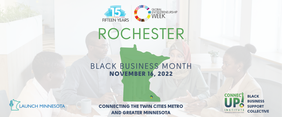 Background photo of four people in a business setting with transparent white overlay. GEW 2022 logo above “Rochester” in green above green shape of Minnesota with “Black Business Month November 16, 2022” in blue across the middle. “Connecting the Twin Cities Metro and Greater Minnesota.” Launch Minnesota logo in bottom left corner. ConnectUP! Logo and “Black Business Support Collective” in bottom right corner