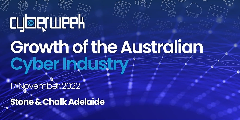 Cyberweek logo with the date and location on a blue background with technology icons
