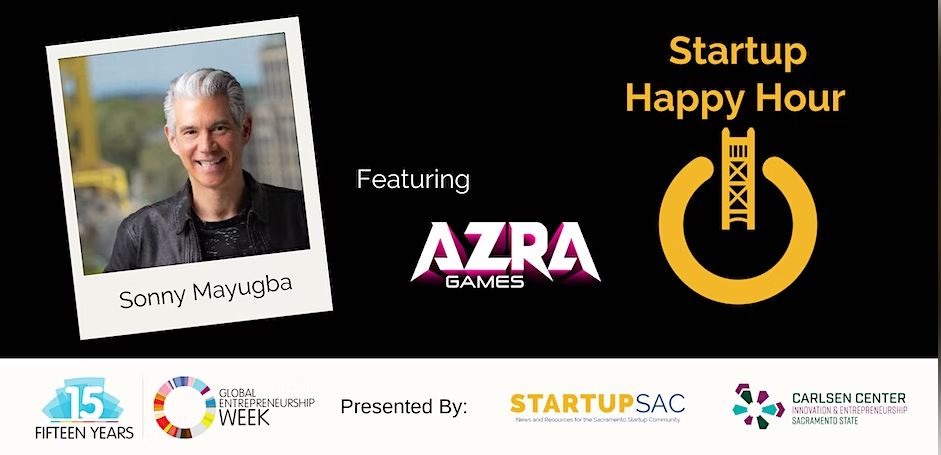 Photo of Sonny Mayugba, logo of AZRA games
