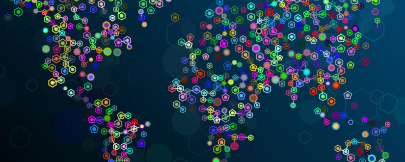 geometric, colorful map of global networking connections