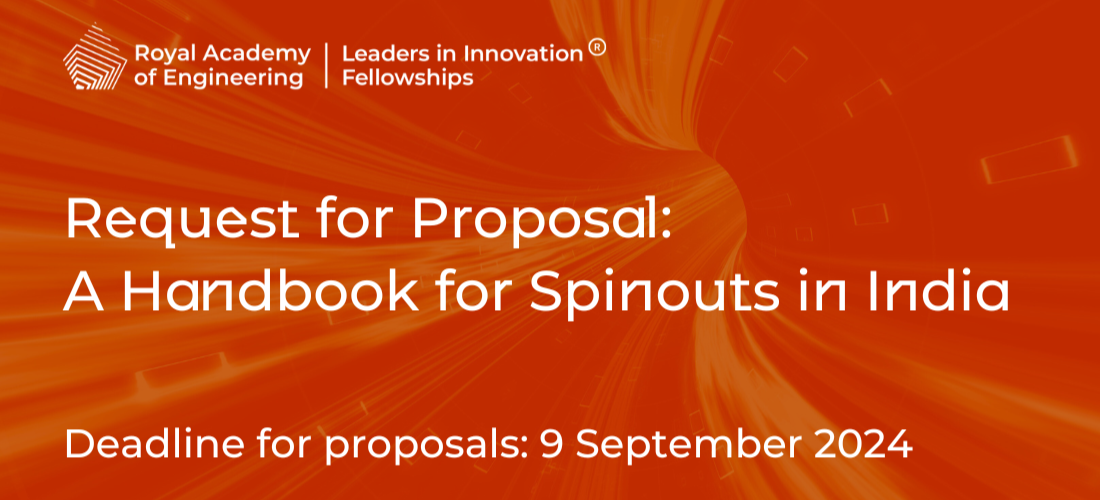 A red and orange media card with the LIF logo in the top-left reads "Request for Proposal: A handbook for Spinouts in India", "Deadline for proposals: 9 September 2024".