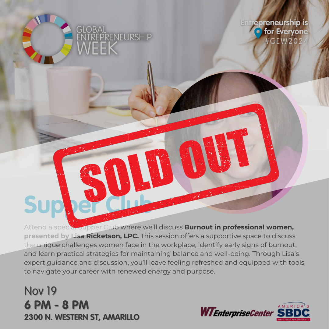 THIS EVENT HAS REACHED CAPACITY. PLEASE CLICK THE LINK TO SIGN UP FOR THE WAIT LIST. Burnout can be a large issue for many women in the workforce, especially those juggling entrepreneurship, family, and other responsibilities. By offering a session to discuss the unique challenges they face, we're directly addressing their needs and providing tools for maintaining balance and well-being. This event will also bring together women in business from across the Texas panhandle, building a strong network where re