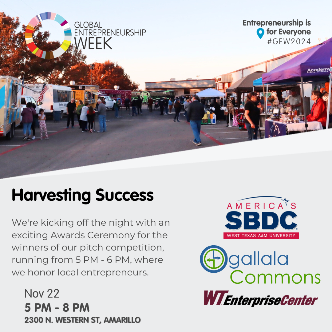 The "Harvesting Success" event marks the end of Global Entrepreneurship Week, highlighting the achievements of local entrepreneurs through an awards ceremony from our GEW pitch competition from earlier in the week. This celebration is essential for local entrepreneurs as it recognizes their hard work and creates a sense of community pride in their accomplishments. Local producers will reach new customers during the vendor fair. Additionally, the lively atmosphere encourages networking and collaboration amon