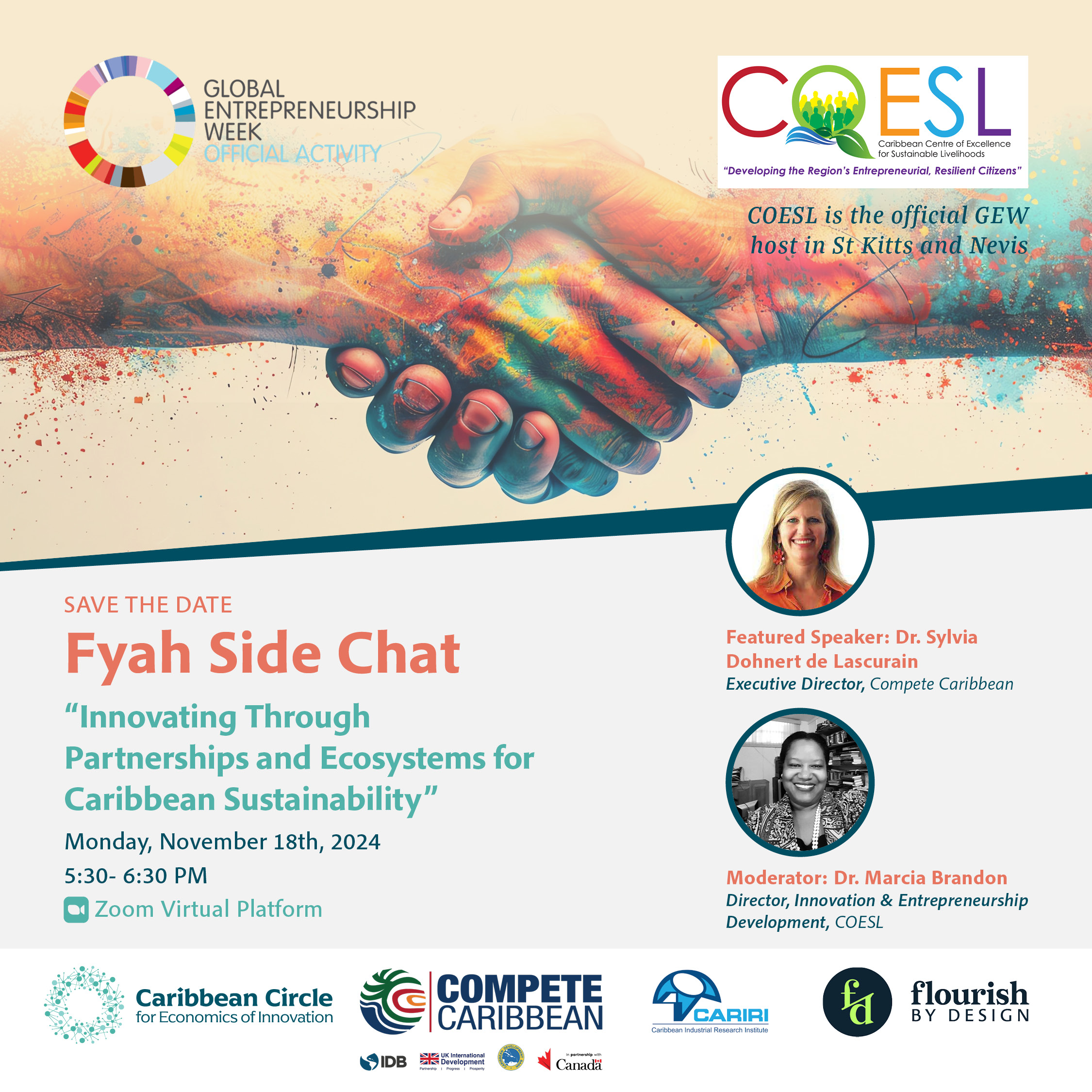 The fireside chat will be aimed at a wide range of stakeholders, including:  •	Entrepreneurs and small business owners in the Caribbean interested in sustainability and innovation.  •	Government officials and policymakers focused on economic development and environmental sustainability.  •	Private sector leaders and corporate social responsibility (CSR) executives.  •	Investors, venture capitalists, and financial institutions seeking to support innovative, sustainable ventures in the region.  •	Non-profit o