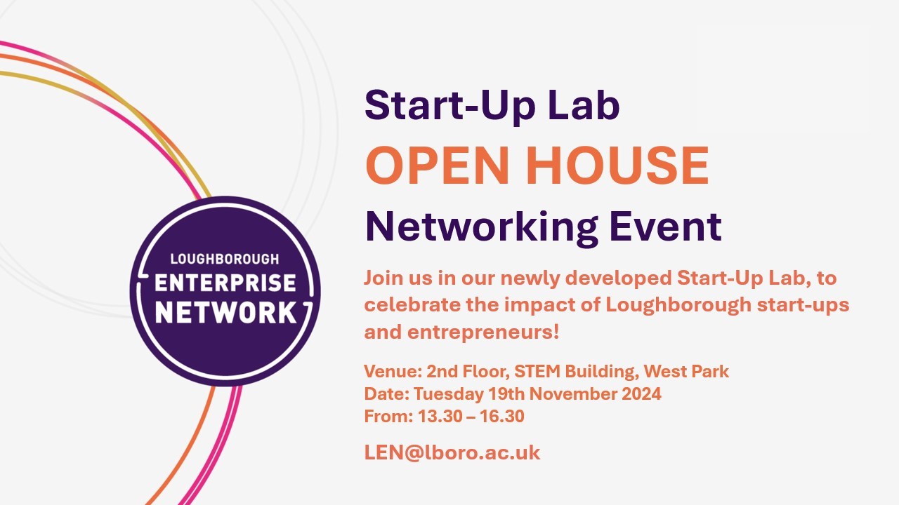 Invitation text reading 'join us in a newly Developed StartUp Lab to celebrate the impact of Loughborough Startups and Entrepreneurs!'