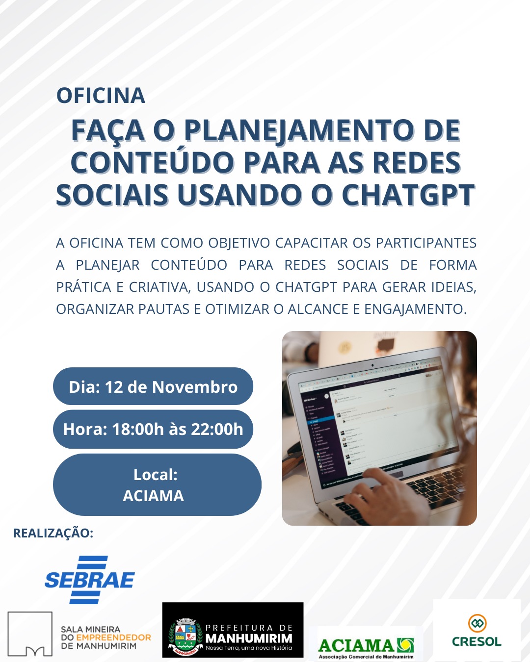 Empreendedor, está pronto para transformar suas redes sociais em uma poderosa ferramenta de crescimento?  Neste workshop prático e interativo, vamos mostrar como criar conteúdos estratégicos e aumentar o engajamento do seu público usando o ChatGPT! Aprenda a otimizar seu tempo e potencializar sua marca com inteligência artificial!