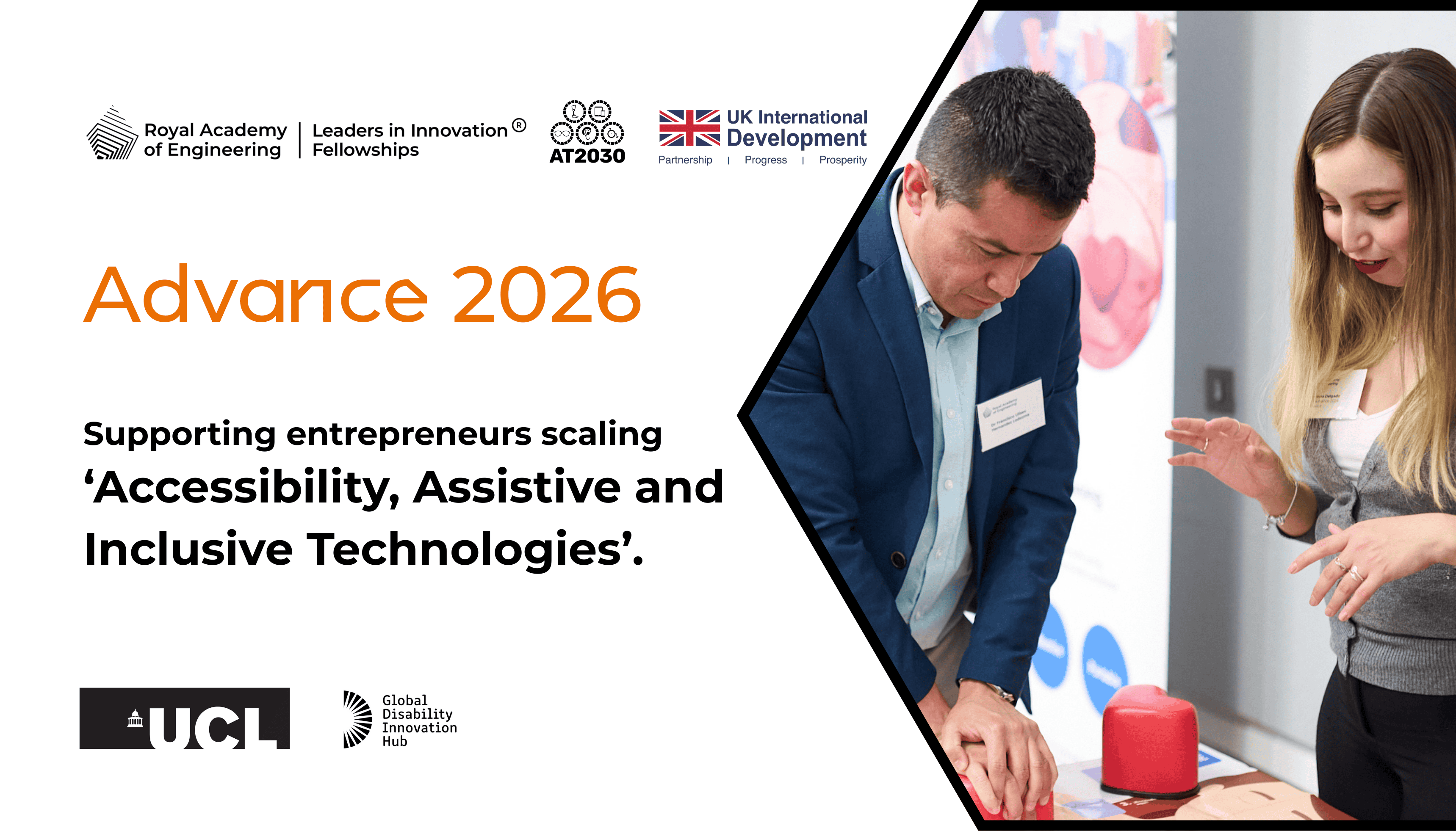A media card with a white background reads "Advance 2026. Supporting entrepreneurs scaling 'Accessibility, Assistive and Inclusive Technologies'."