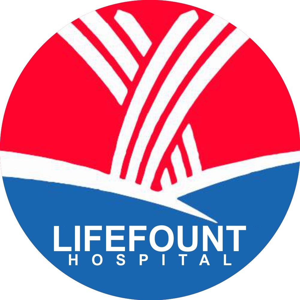 Lifefount Hospital logo showing a white fountain against a blue and red background.