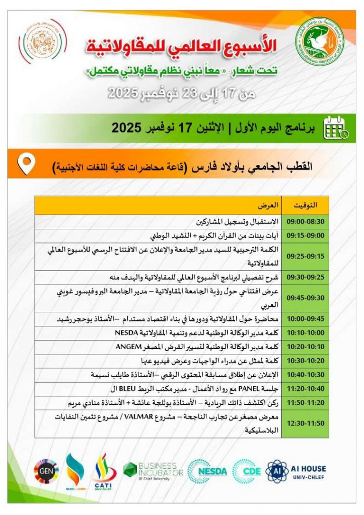 عرض افتتاحي حول رؤية الجامعة المقاولاتية – مدير الجامعة البروفيسور غويني العربي محاضرة حول المقاولاتية ودورها في بناء اقتصاد مستدام – الأستاذ بوحجر رشيد كلمة مدير الوكالة الوطنية لدعم وتنمية المقاولاتية NESDA كلمة مدير الوكالة الوطنية لتسيير القرض المصغر ANGEM كلمة لممثل عن مدراء الواجهات وعرض فيديو عنها جلسة PANEL مع رواد الأعمال - مدير مكتب الربط BLEU – إشراف الأستاذ حاج ملياني محمد ركن اكتشف ذاتك الريادية – الأستاذة بوثلجة عائشة + الأستاذة منادي مريم معرض مصغر عن تجارب الناجحة – مشروع VALMAR / مشروع تثمي