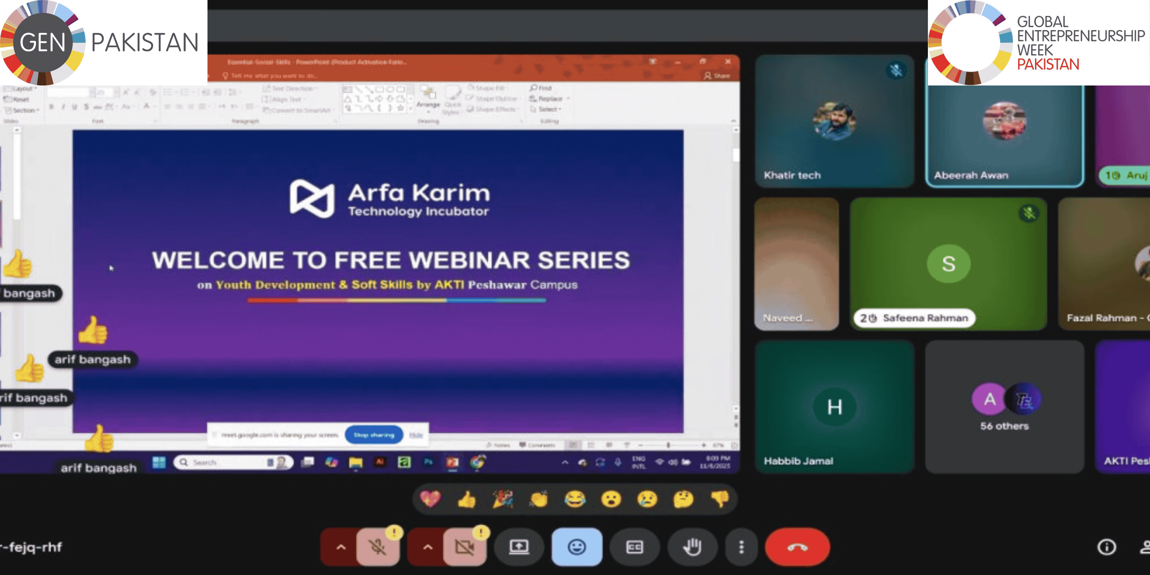 A screenshot from a webinar session showing the speaker delivering a presentation on “Essential Social Skills,” with participants’ names displayed on the side in the virtual meeting interface.