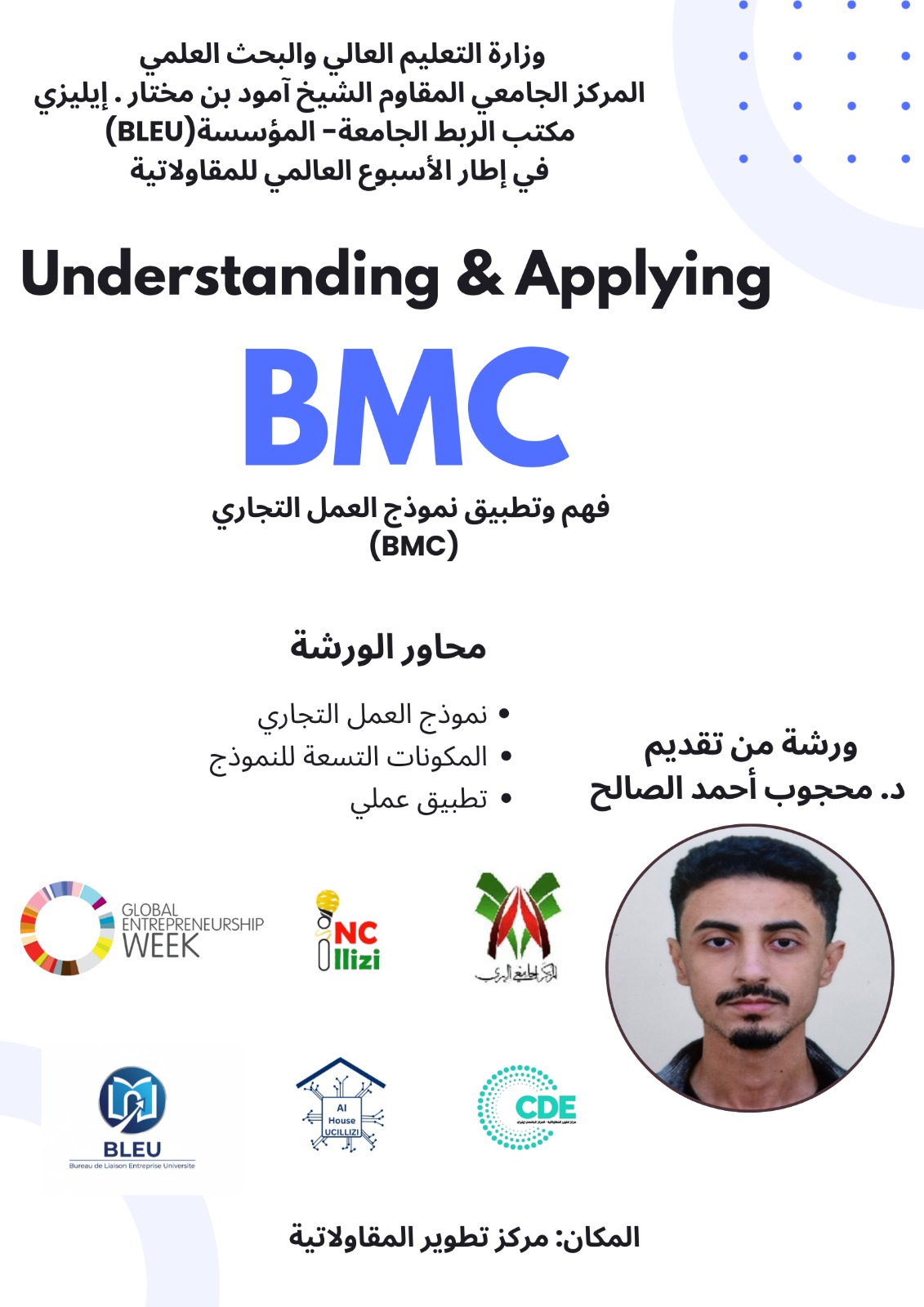 Image of the official announcement poster for the workshop “Understanding and Applying the Business Model Canvas (BMC),” delivered by Dr. Mahdjoub Ahmed Esaleh and organized by the BLEU office.