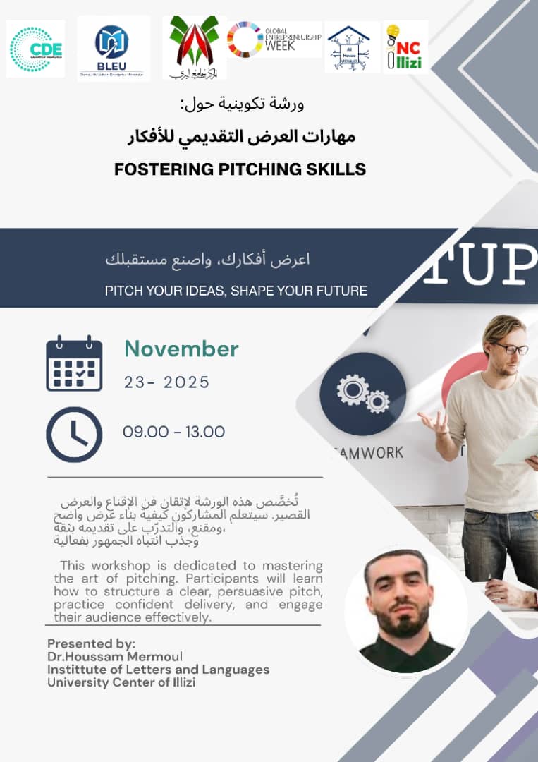 Image of the official announcement poster for the workshop “Fostering Pitching Skills,” delivered by Dr. Houssam Mermoul and organized by the BLEU office.
