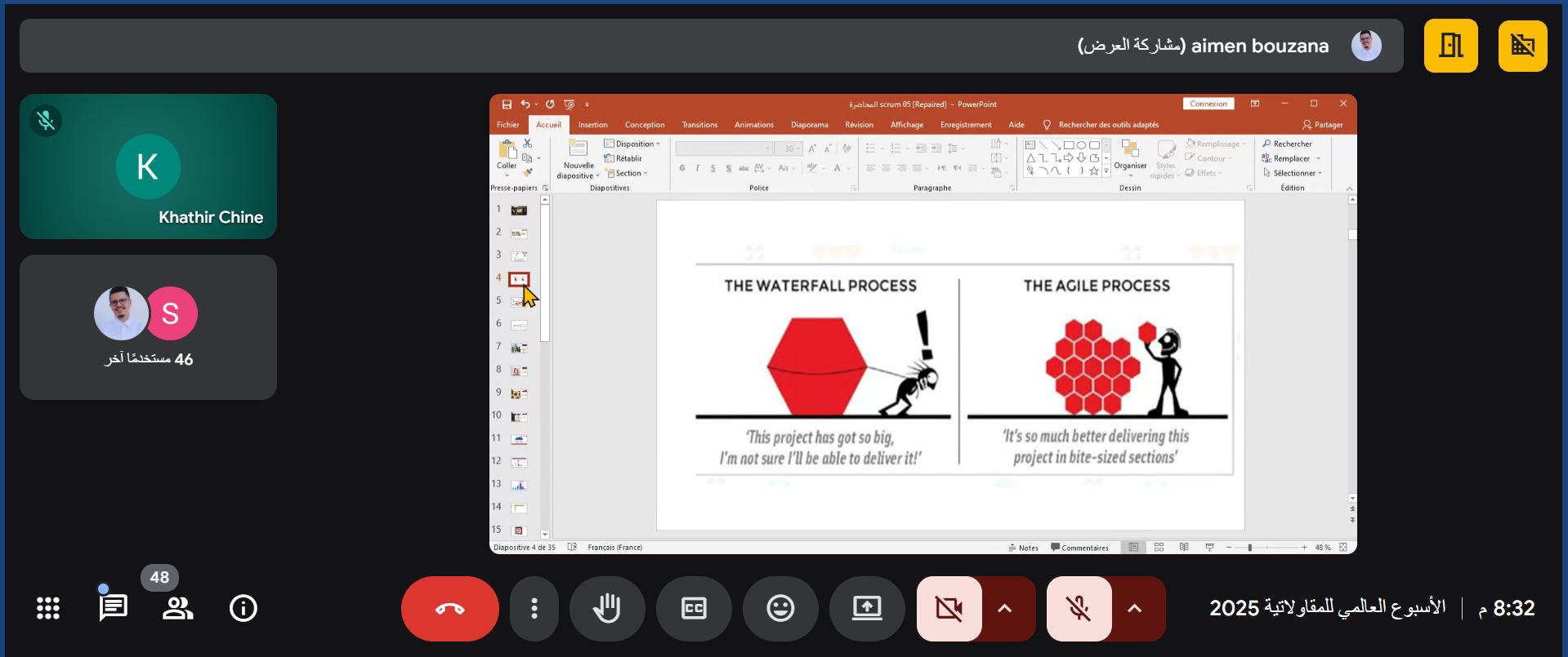 Image of Dr. Aymen Bouzana delivering his lecture “Agile Methodologies and Their Role in Transforming Ideas into Digital Products” via Google Meet, with faculty members and students visible in the virtual session.