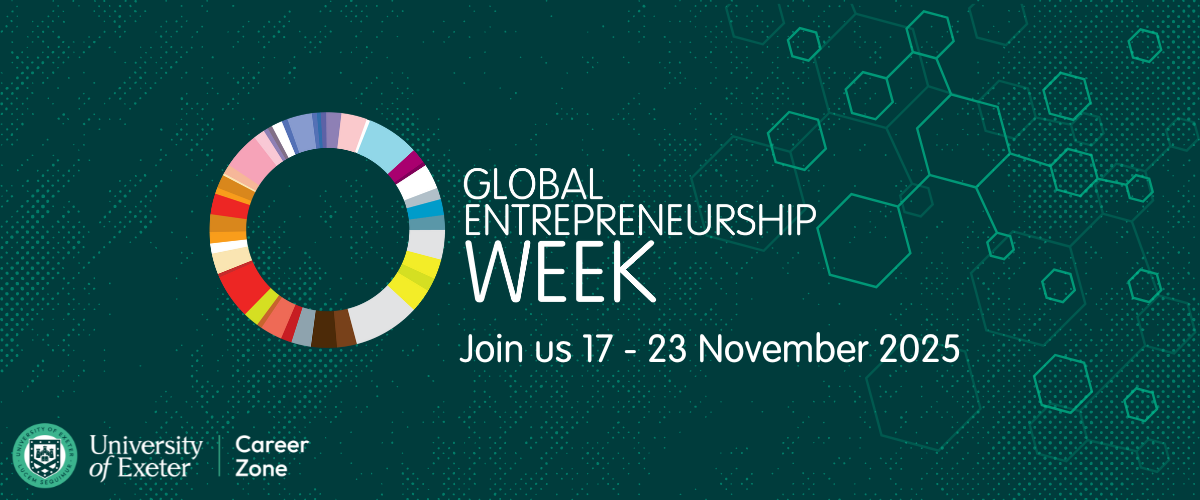 Dark green background with the Global Entrepreneurship logo and the university of Exeter logo added.