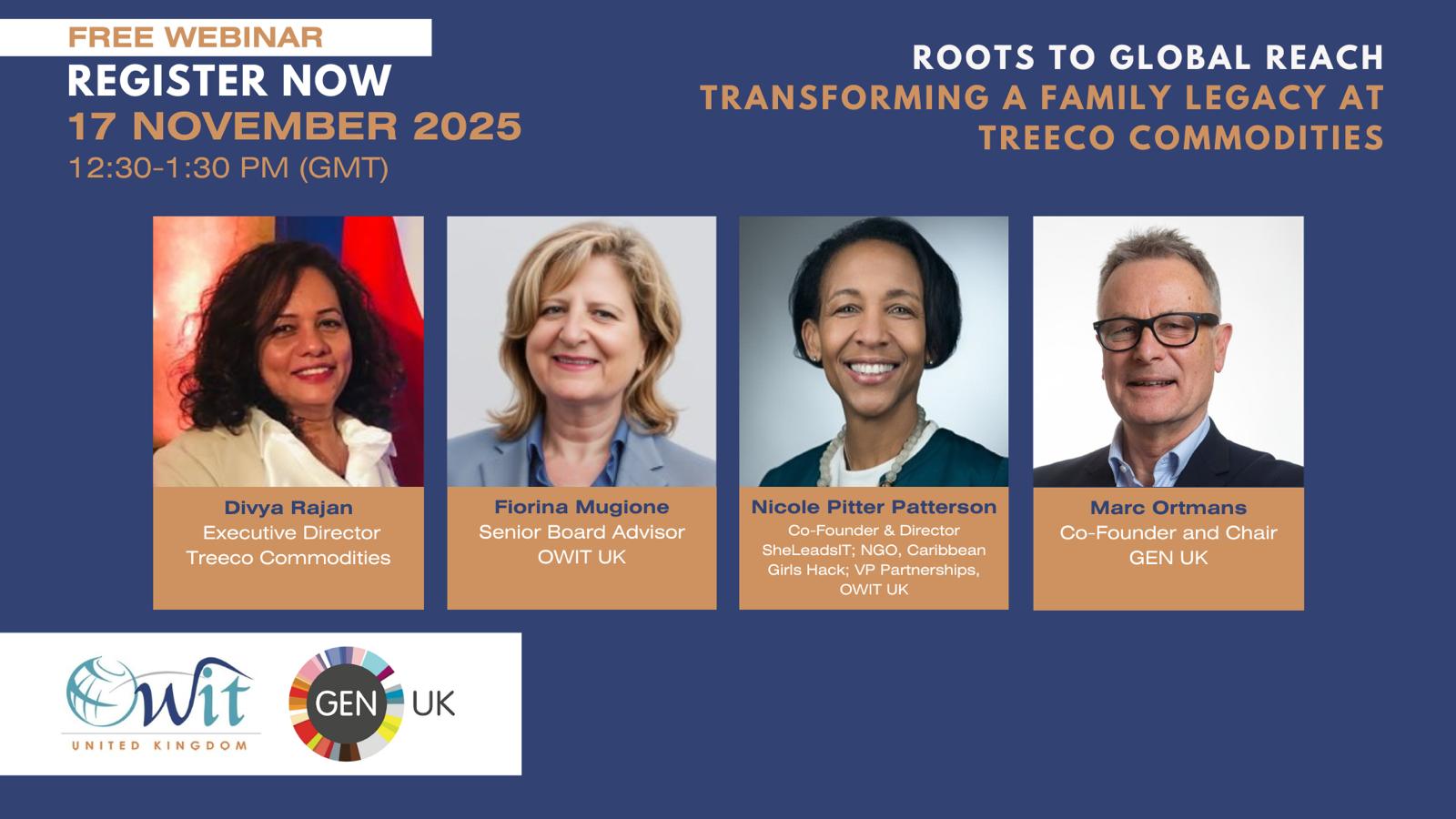 Image of speakers at the OWIT UK webinar. From left: Divya Raja, Fiorina Mugione, Nicole Pitter Patterson and Marc Ortman. 