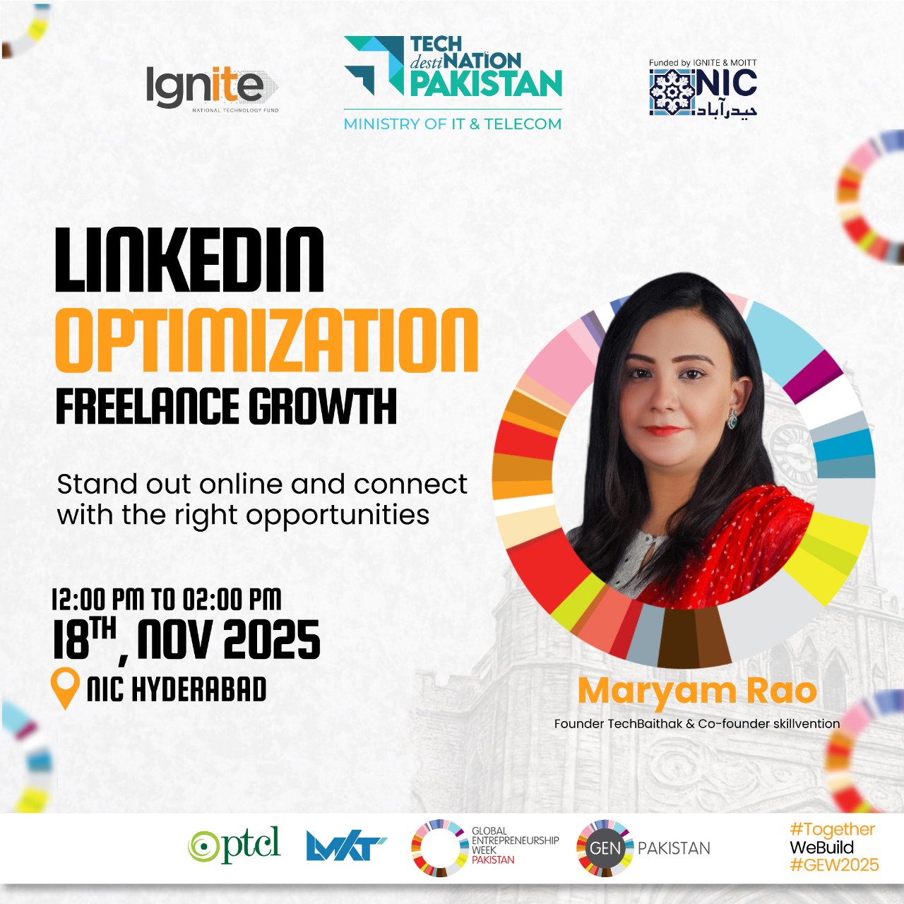 Promotional poster for a LinkedIn Optimization and Freelance Growth session at NIC Hyderabad, featuring a photo of a woman speaker, event details, and logos of supporting organizations.