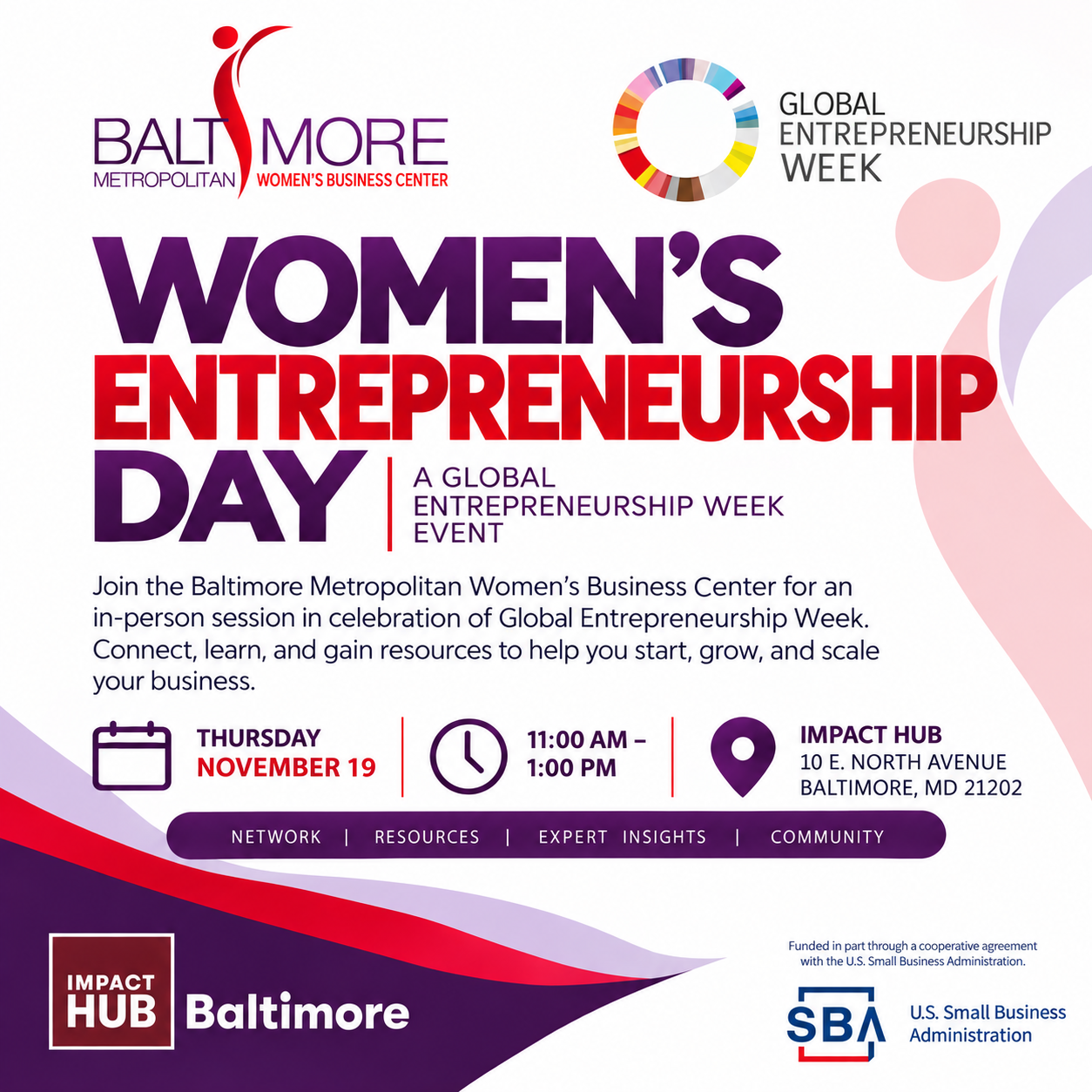 Flyer for Women’s Entrepreneurship Day, hosted by the Baltimore Metropolitan Women’s Business Center during Global Entrepreneurship Week. The in-person event takes place Thursday, November 19, from 11 a.m. to 1 p.m. at Impact Hub Baltimore, 10 E. North Avenue, Baltimore, MD 21202. The event offers networking, resources, expert insights, and community connections to help women entrepreneurs start, grow, and scale their businesses.Co-branded with Impact Hub Baltimore and the U.S. Small Business Administration