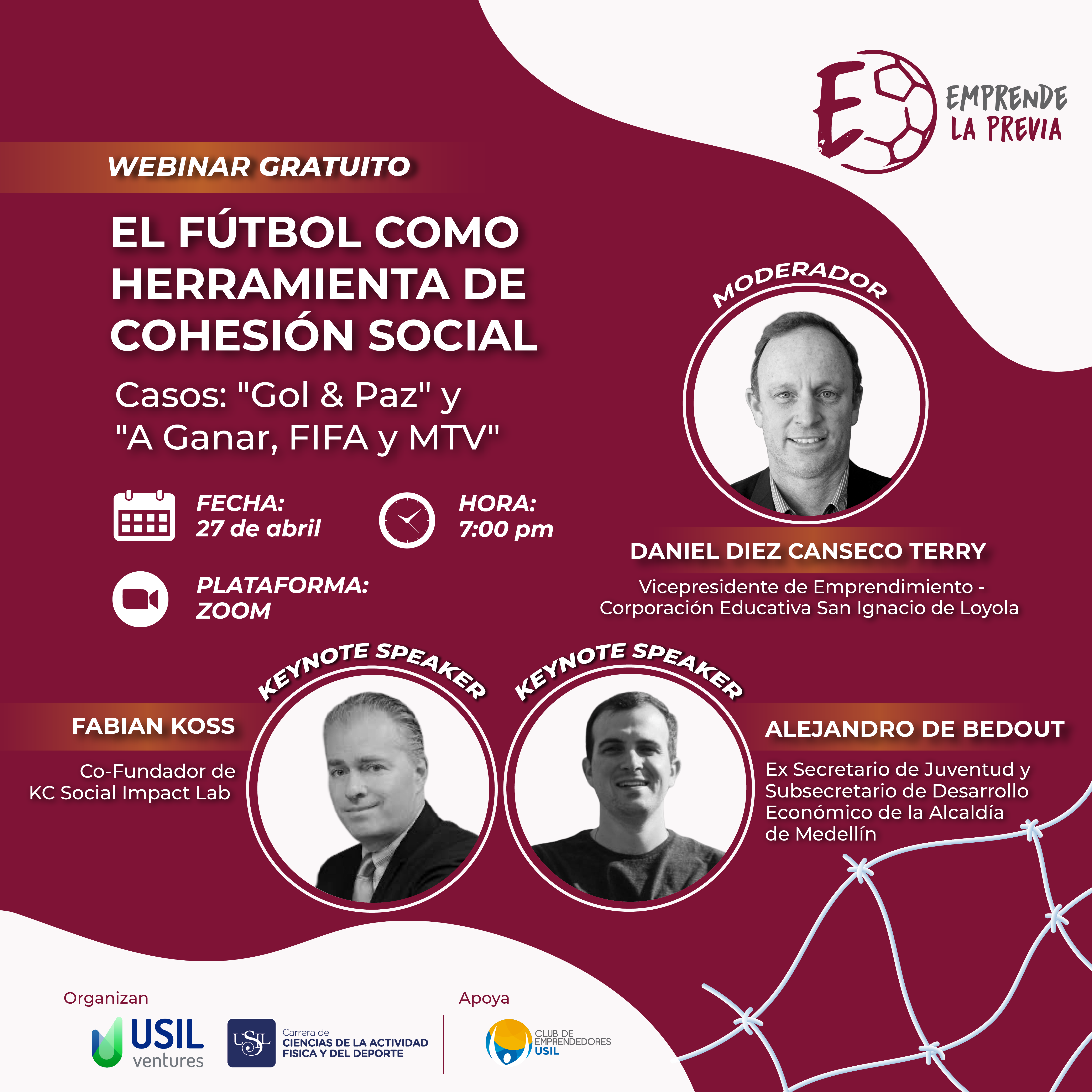 Conoce a los keynote speakers y moderador del panel: "Fútbol como herramienta de cohesión social", los casos de Gol y Paz, A ganar, FIFA y MTV