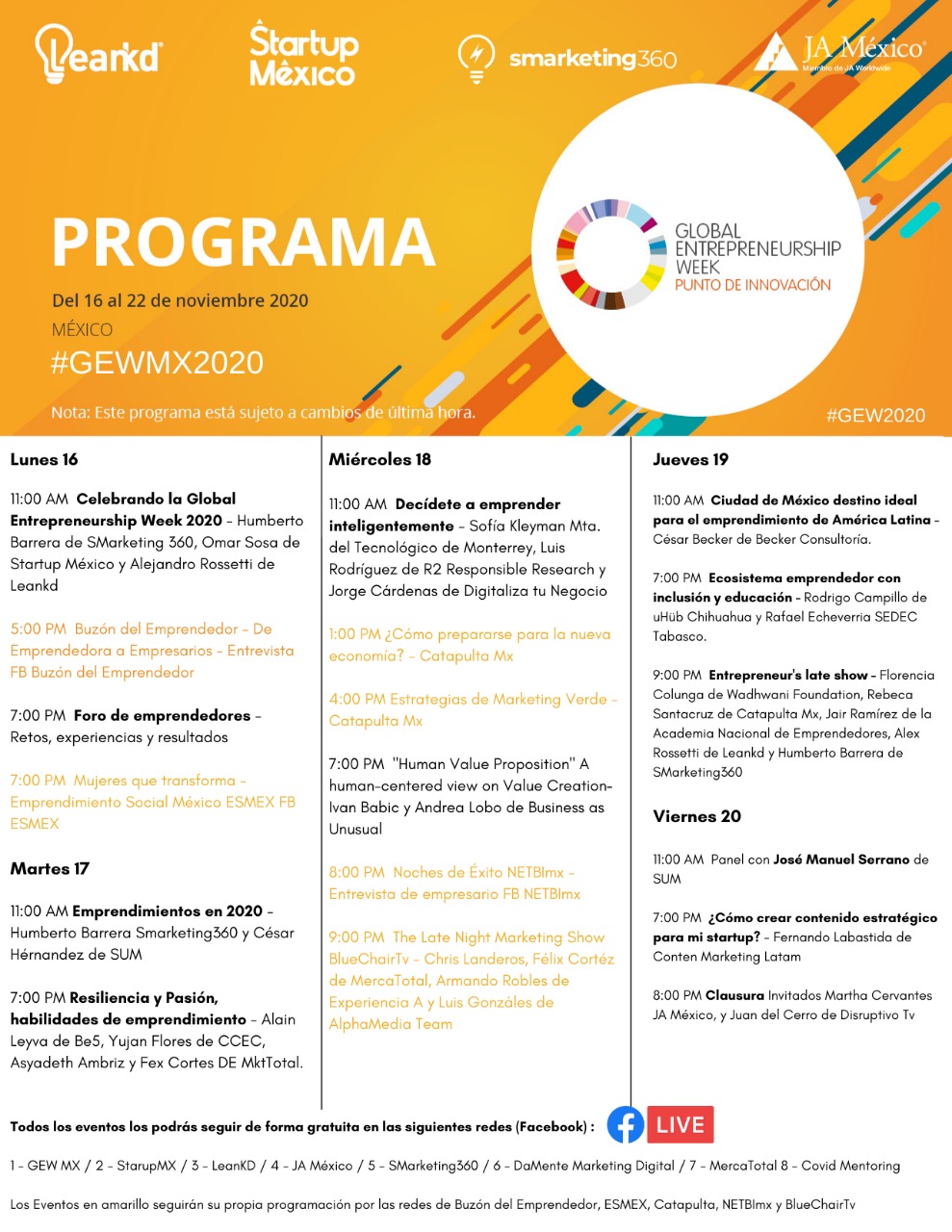 Calendario para la GEW México 2020