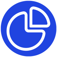 Circle with blue fill and the white outline of a pie chart slightly exploded into two parts.